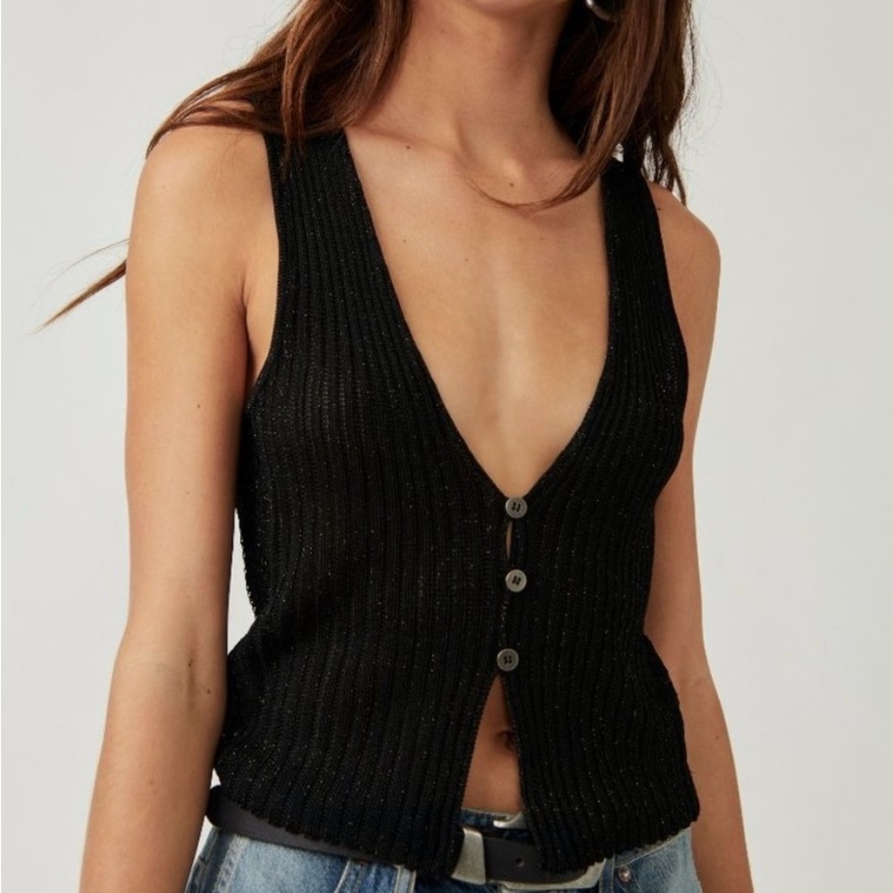 NWT, Free People Seascape Vest, Black Ribbed Buttoned Tank Top